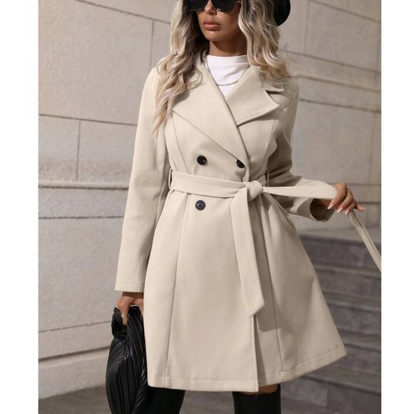 Preppy  Lapel Neck Double Breasted Belted Jacket Beige - Picture 2 of 7